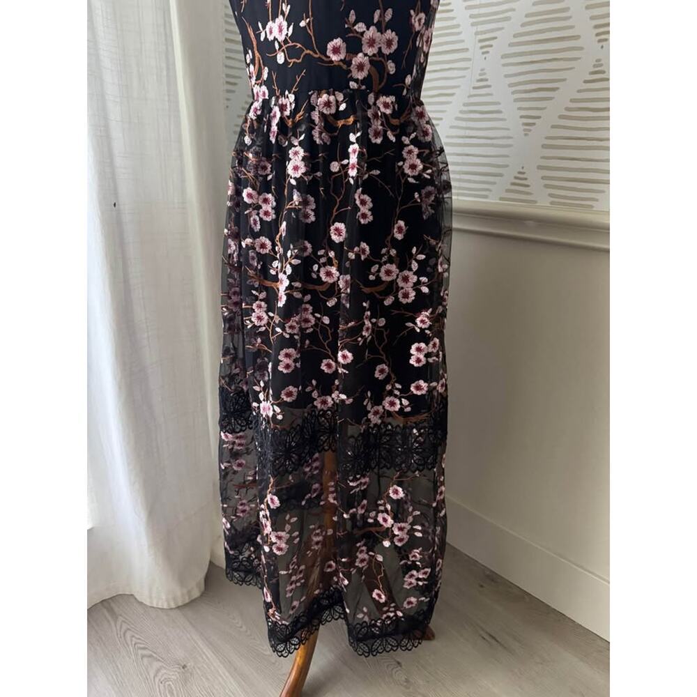 BLDHM Bronx & Banco Size 8 Black Mesh Floral Embroidered Midi Dress Anthro - Picture 4 of 10